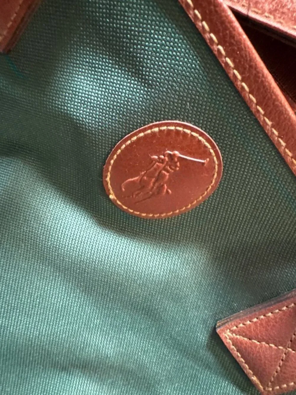 Ralph Lauren 1990's Green & Brown Canvas Duffel Bag Leather Trim And Adjustable